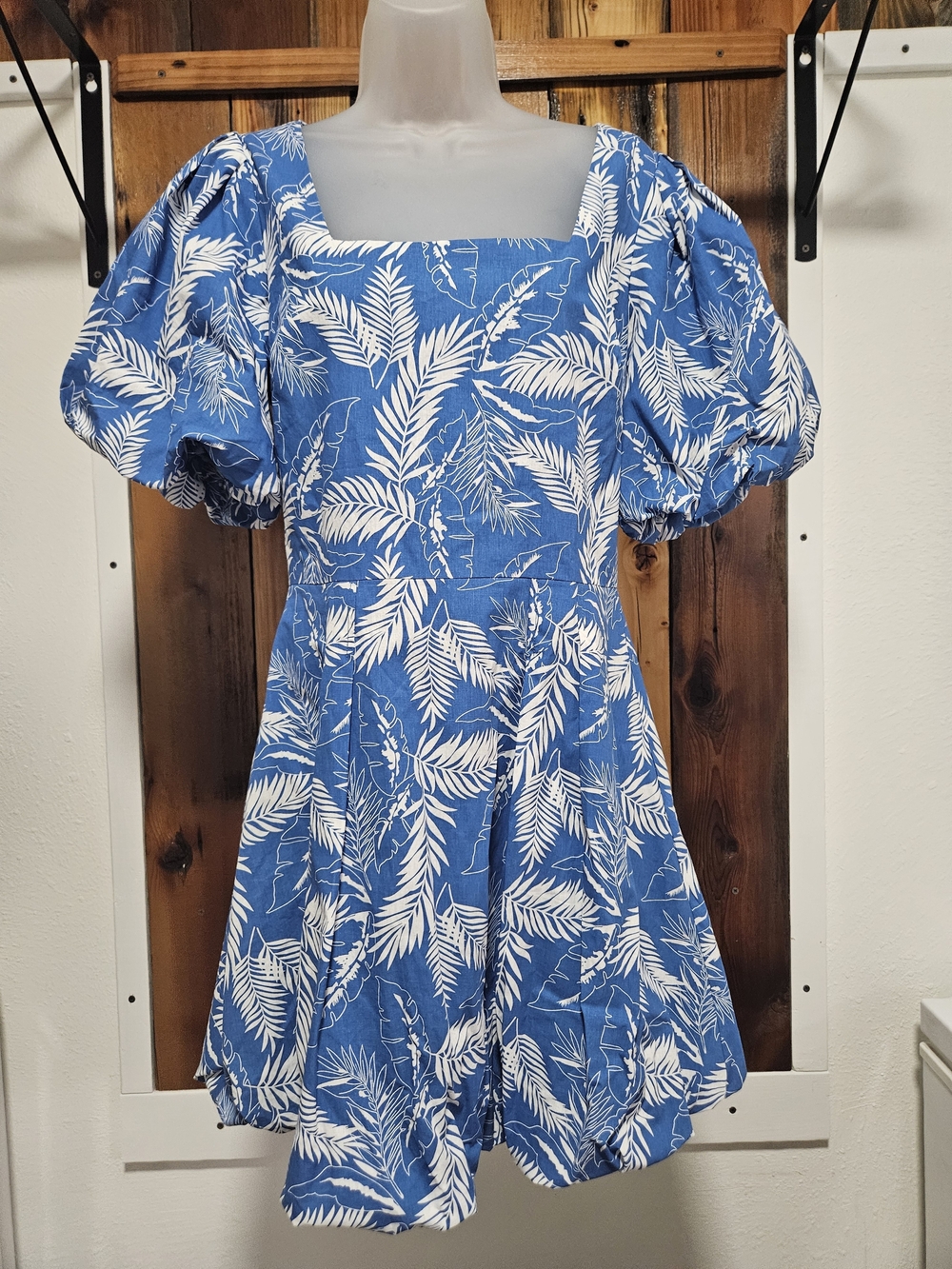 Blue Palm-Print Square-Neck Puff-Sleeve Mini Dress
